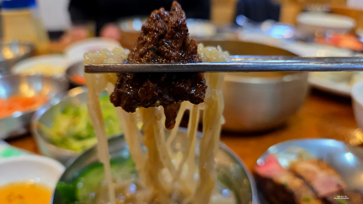冷麺と一緒に持ち上げたカルビ