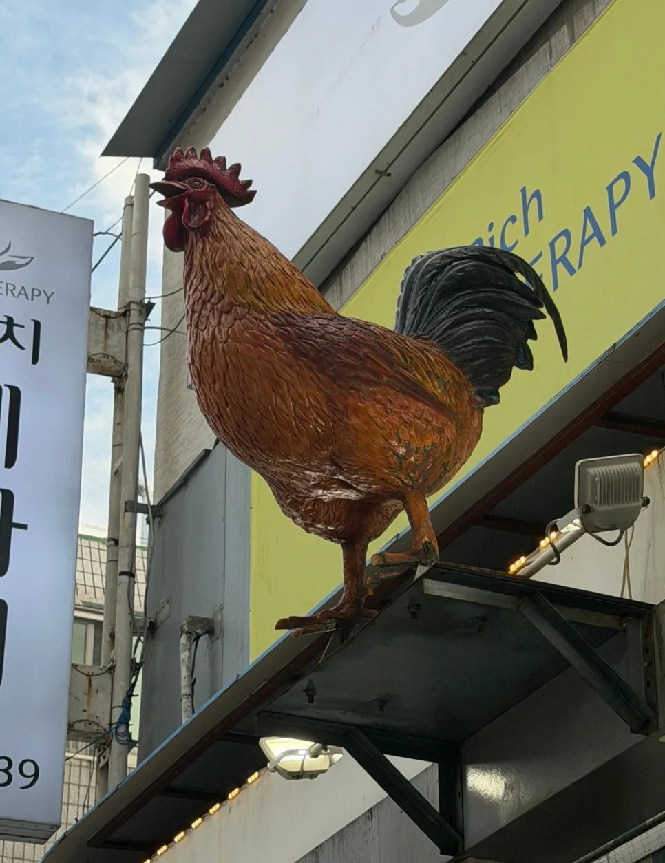 看板の上に立つニワトリの像