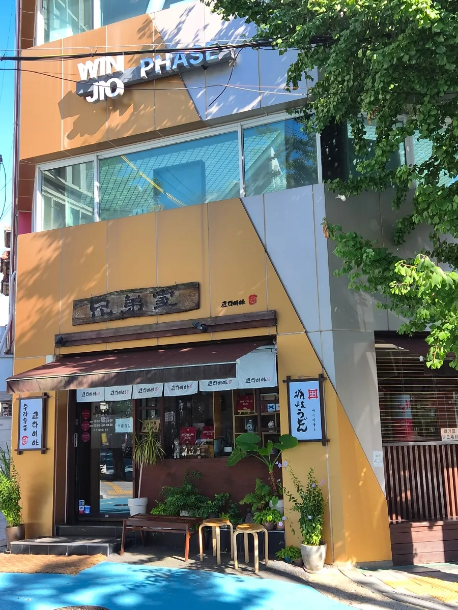 黄色い壁と木製看板の店先