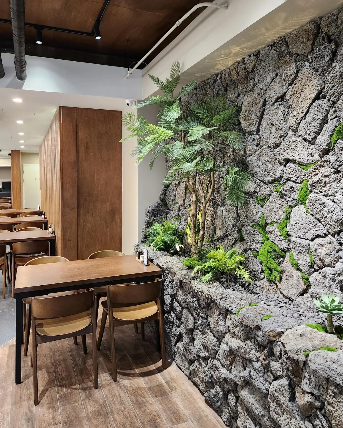 美味麺家 本店 — 石壁と植栽に沿う木の客席