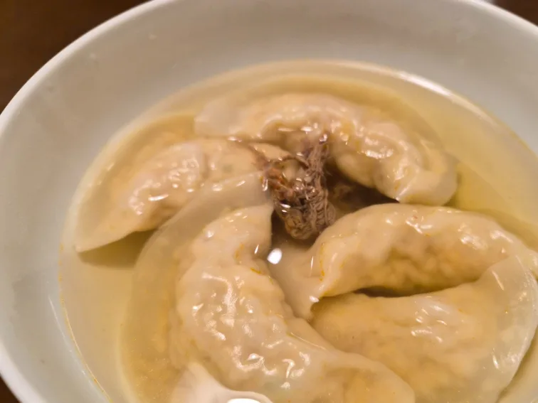 澄んだ汁に入った手作りマンドゥ
