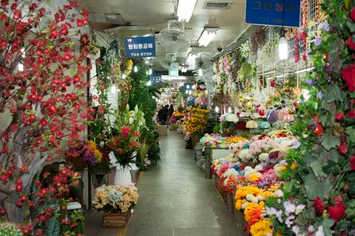 色とりどりの花が並ぶ通路