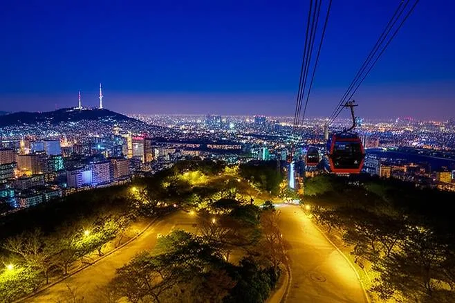 赤いケーブルカーとソウル夜景
