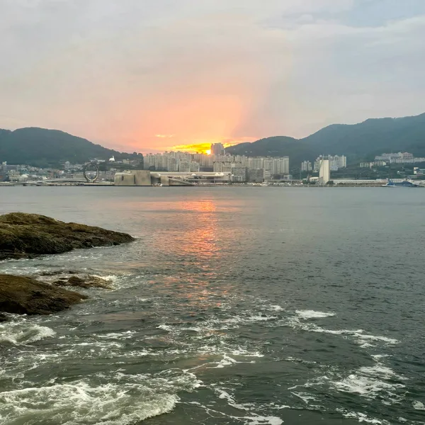 夕日が映る岩礁沿いの海