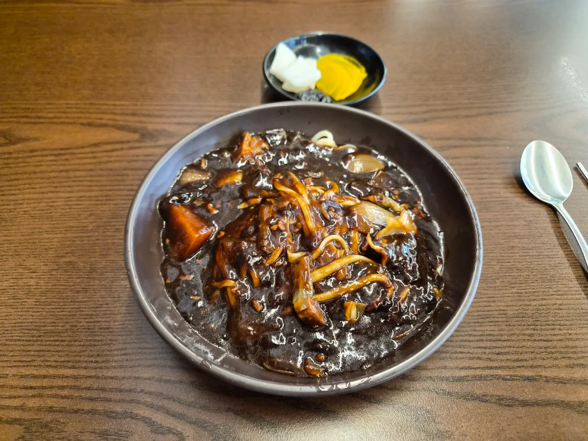 オモリチゲ 蚕室本店 — 黒味噌だれがかかった麺