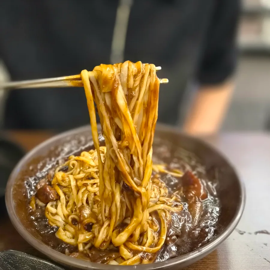 黒味噌だれを絡めた麺