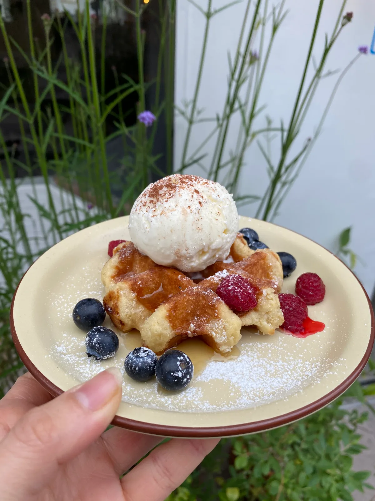 アイスとベリーをのせたリエージュワッフル