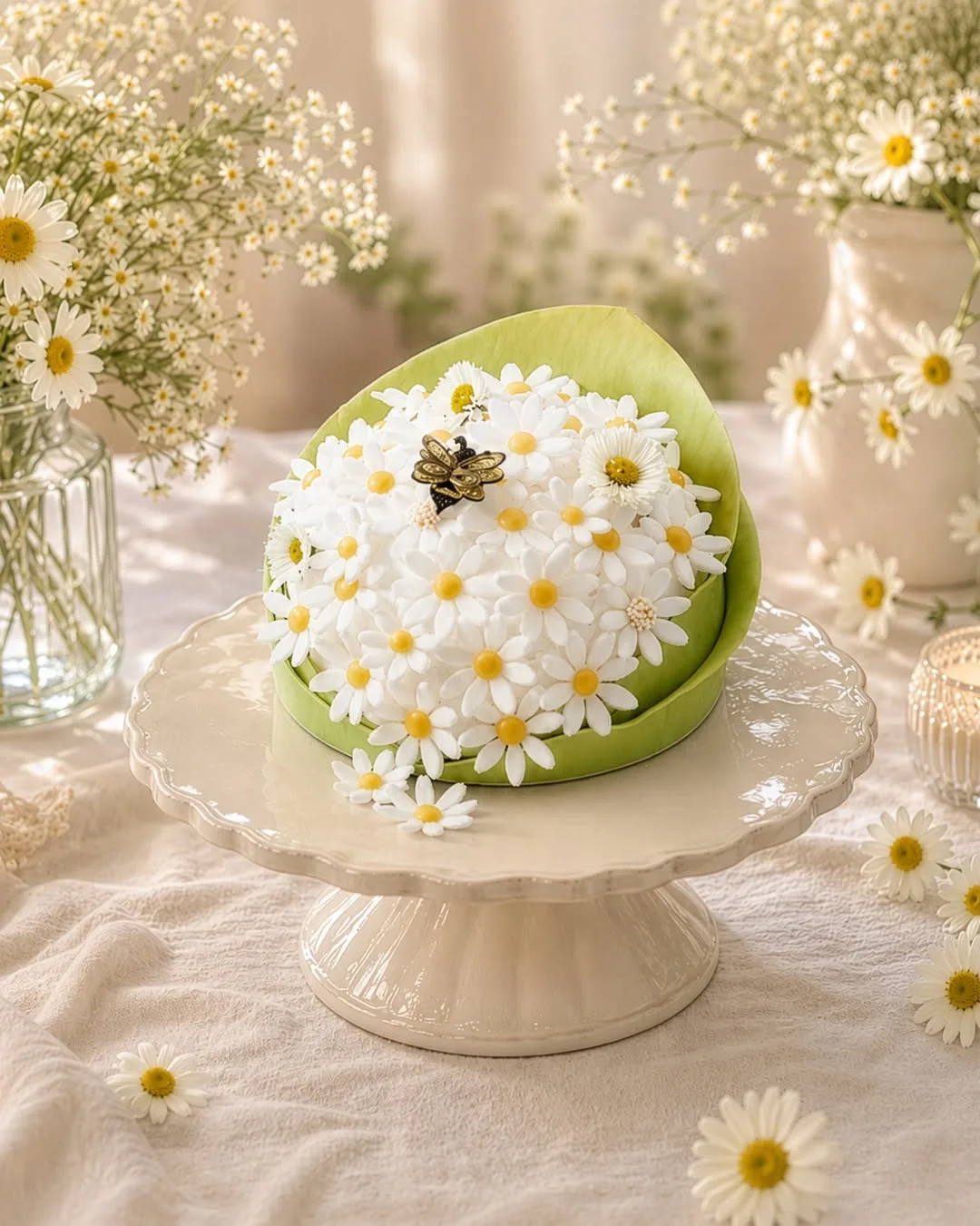 デイジーで覆った花束ケーキ