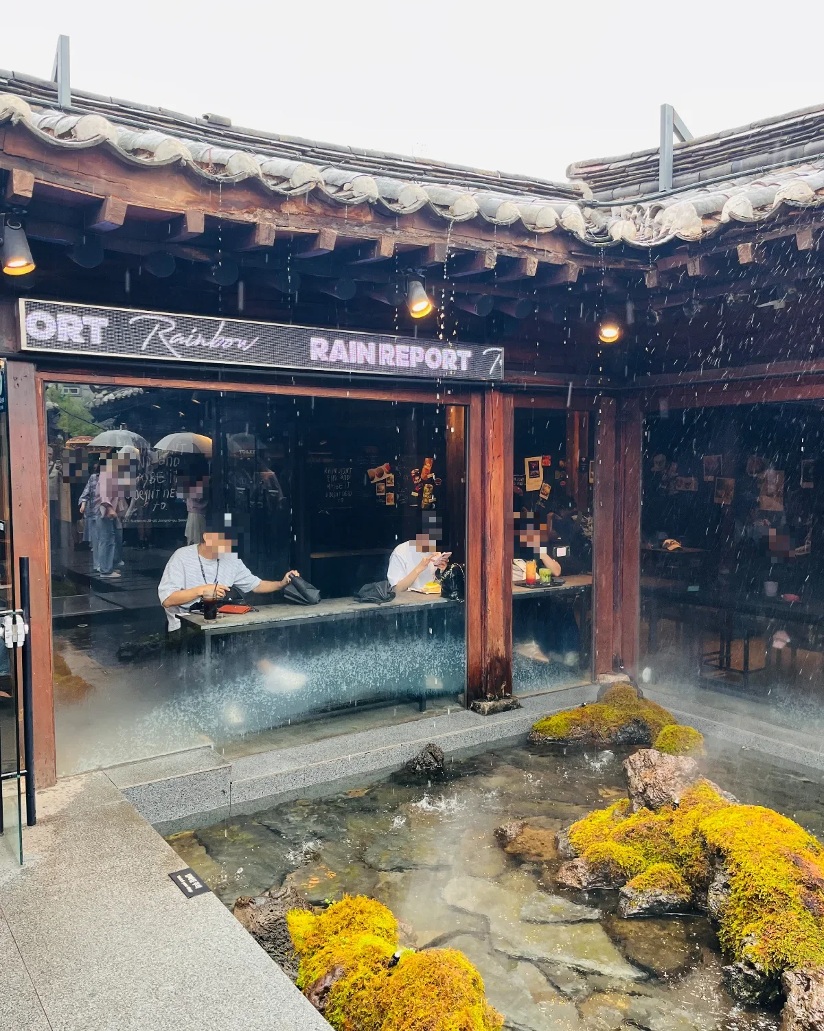 軒から雨が落ちる苔の庭