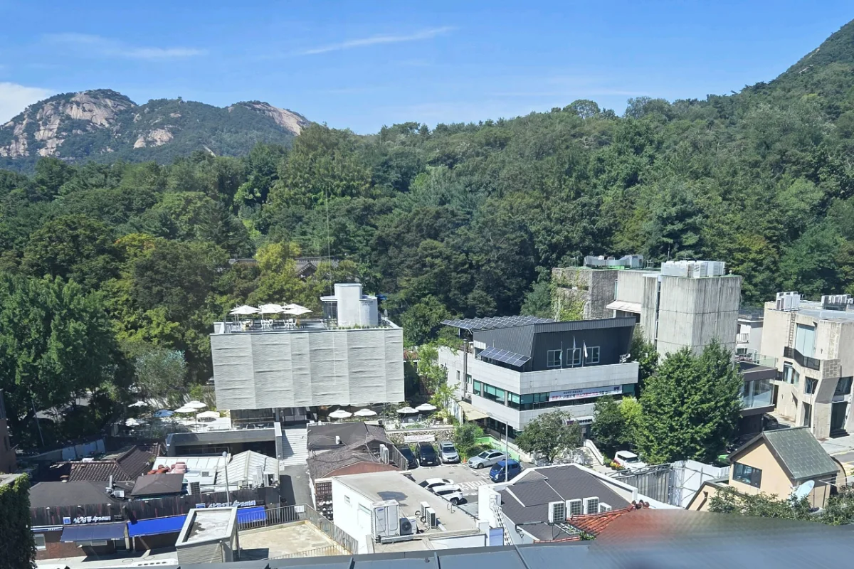 緑の山に囲まれた街並み