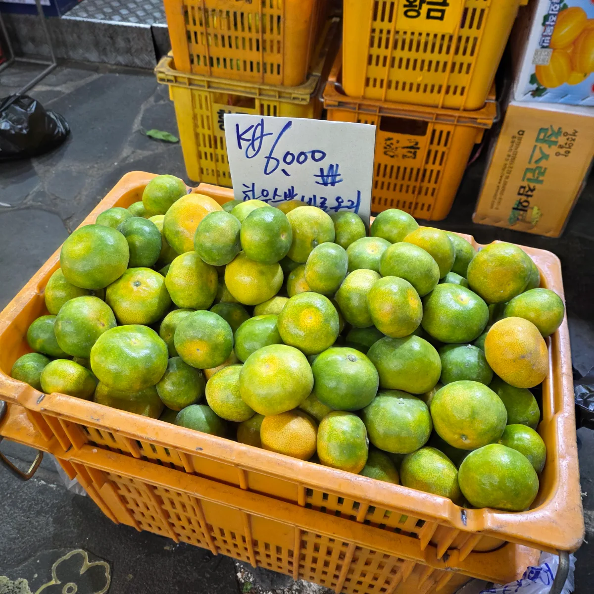 木箱に積まれた青いミカン