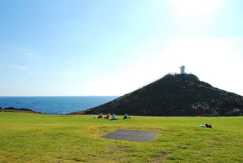 海辺に広がる芝生と丘