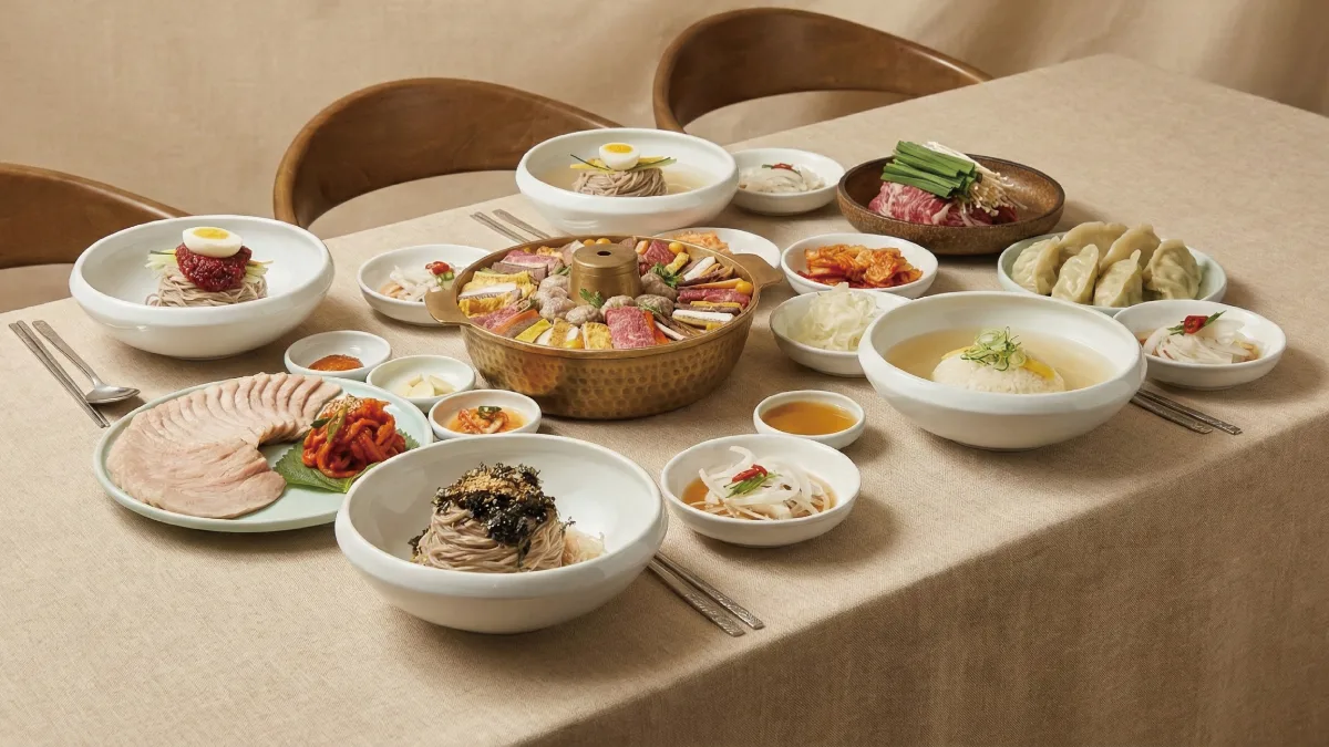 冷麺や小皿が並ぶ食卓全景