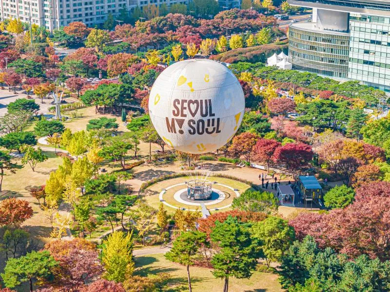 ソウルダル — 紅葉の公園に立つ白い気球