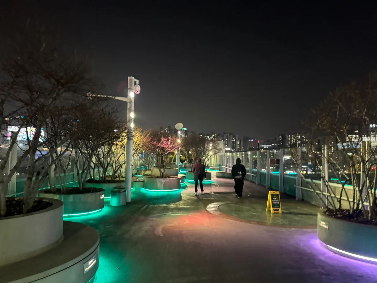 ソウルロ7017 — 緑の光が続く夜の遊歩道