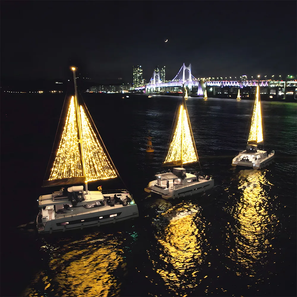 電飾の帆船と夜の広安大橋