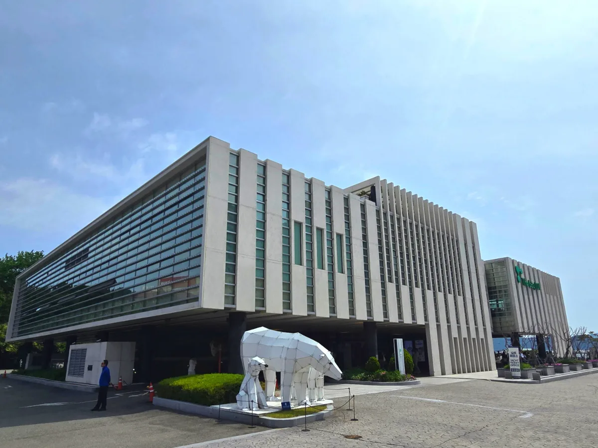白い外壁とクマの親子像
