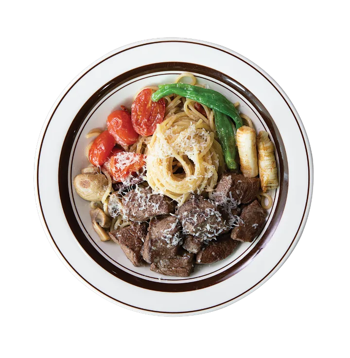 キューブステーキのオイルパスタ