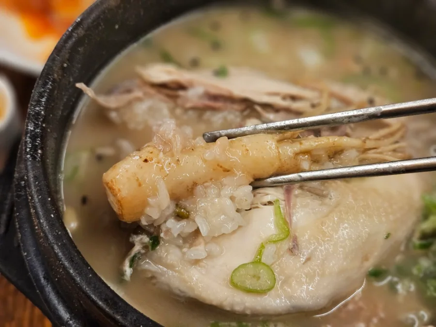 土俗村 — 箸で持ち上げた鶏粥と根菜