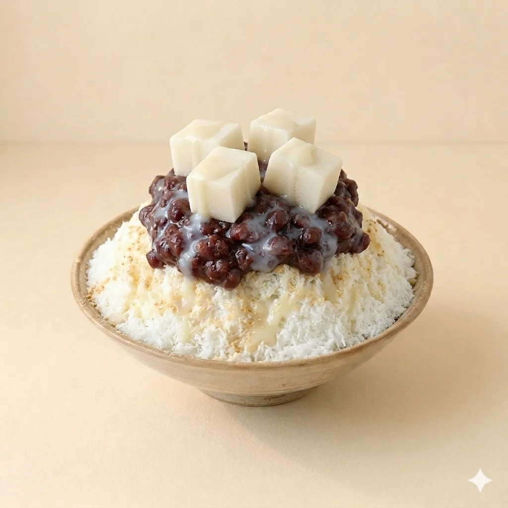 小豆と餅を盛ったミルク氷