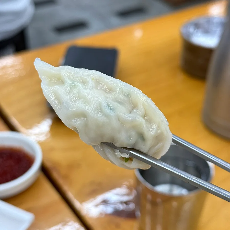 箸で持ち上げた蒸し餃子