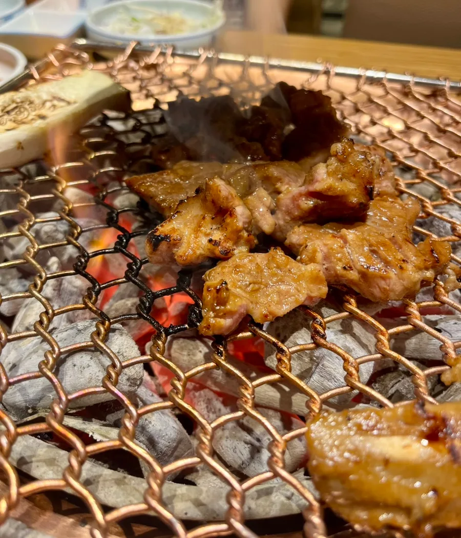 炭火の網で焼ける味付け豚肉