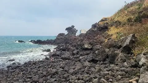 海岸に立つ龍頭岩